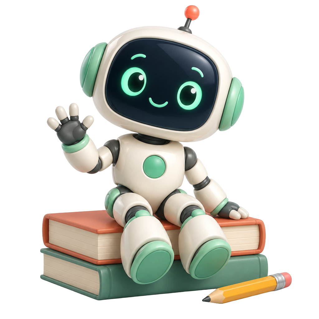 Effy, your friendly mint-and-coral robot companion, waving from a stack of books